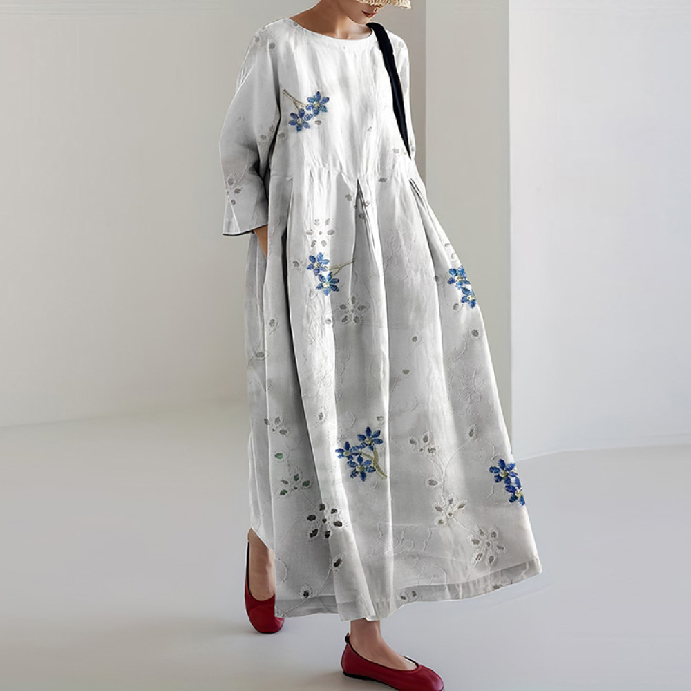 Women Vintage Floral Lace Embroidery Casual Long Sleeve Midi Dress