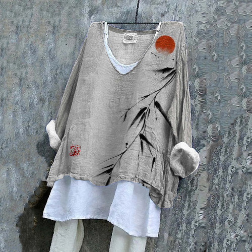 Women's Bamboo Art V Neck Casual Shirt