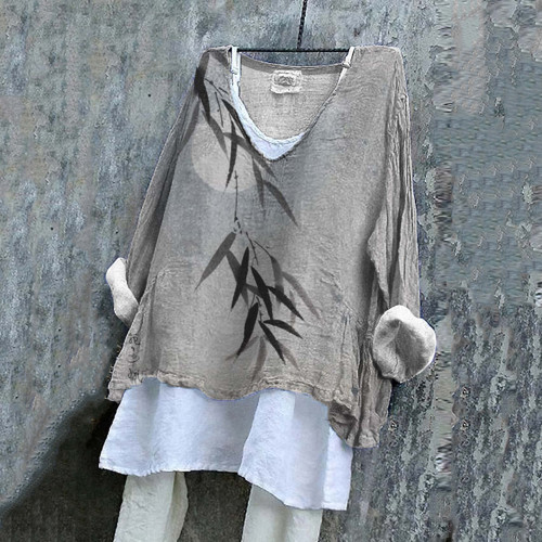 Women's Bamboo Moon Art V Neck Casual Shirt