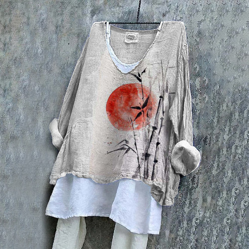 Women's Bamboo Sunset Art V Neck Casual Shirt