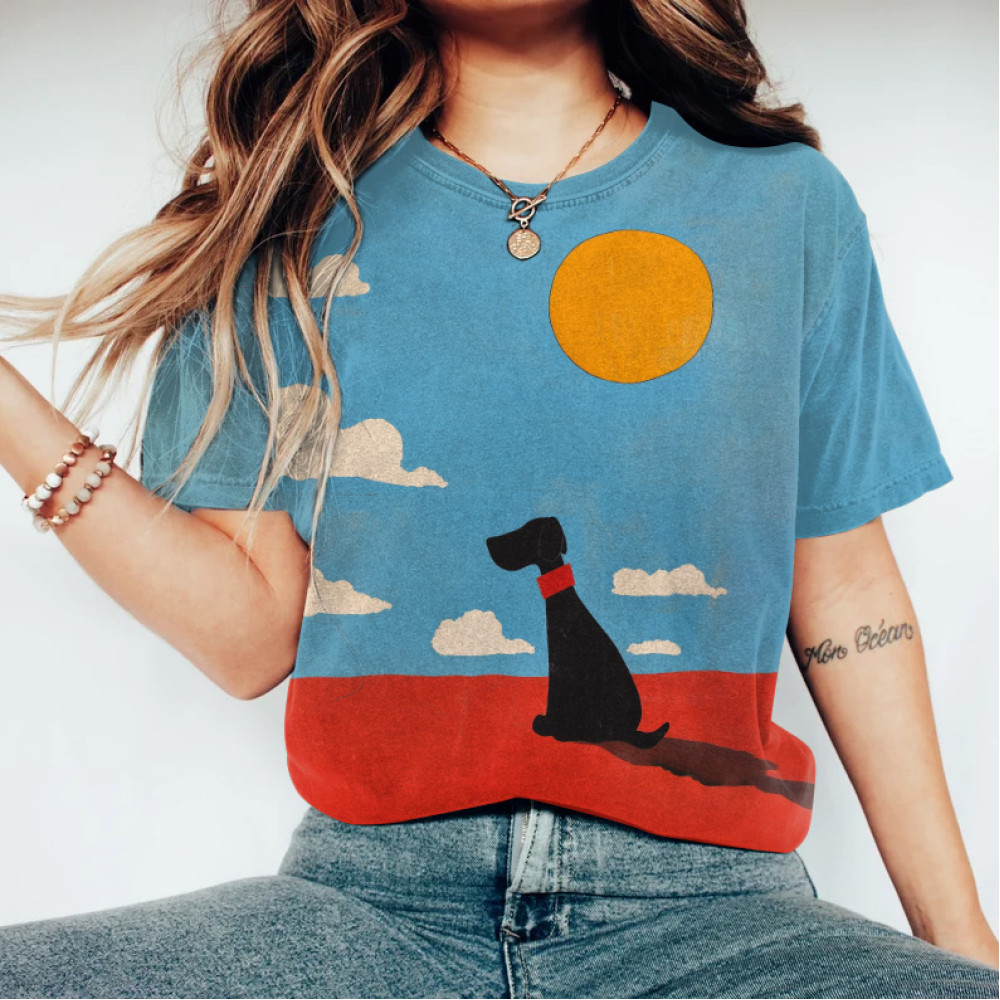 Women's Black Dog Sun And Cloud Print Round Neck Casual T-Shirt