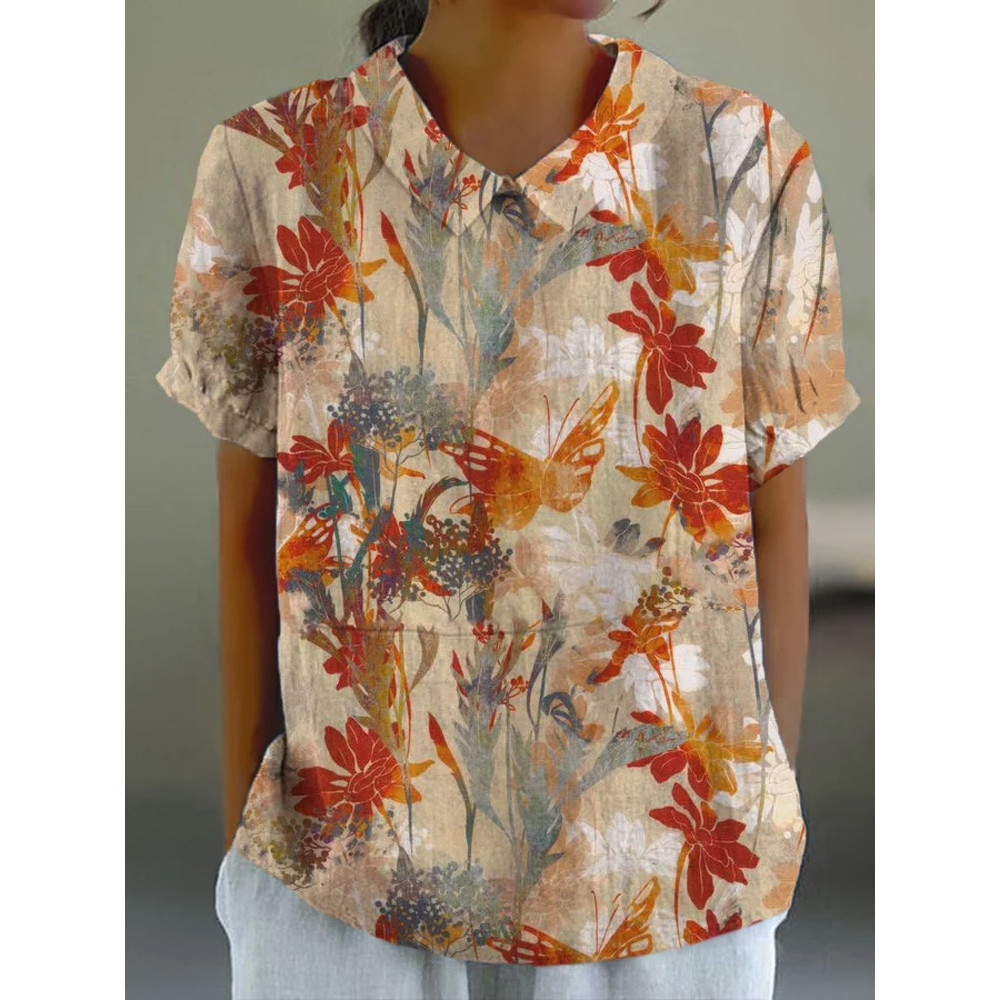 Women's Botanical Floral Print Lapel Short Sleeve T-Shirt