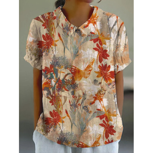 Women's Botanical Floral Print Lapel Short Sleeve T-Shirt