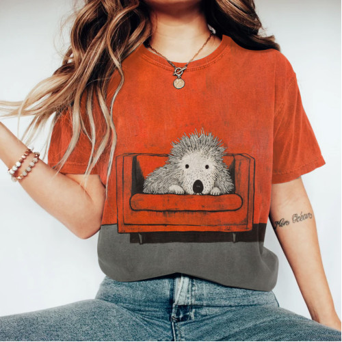 Women's Casual Cute Dog On Sofa Print Short Sleeve T-Shirt