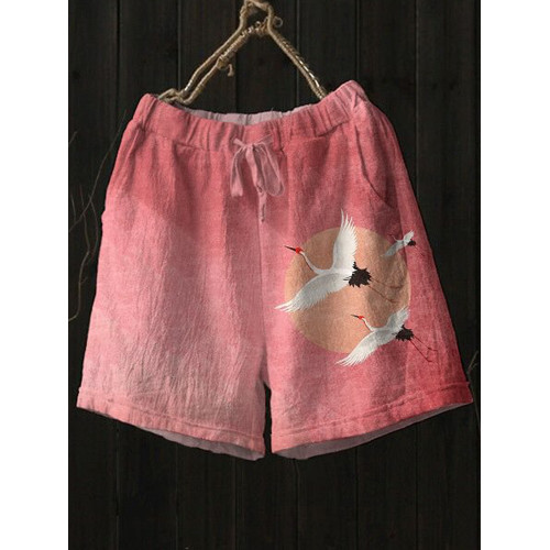 Women's Casual Flying Crane Retro Art Print Shorts
