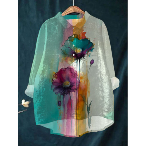 Women's Casual Watercolor Purple Floral Print Top