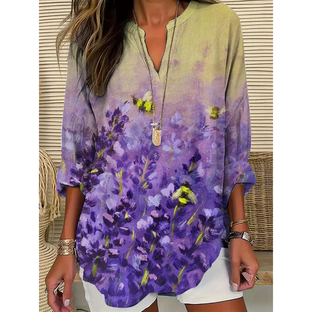 Women's Casual Watercolor Purple Floral Print Top