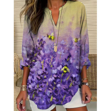 Women's Casual Watercolor Purple Floral Print Top