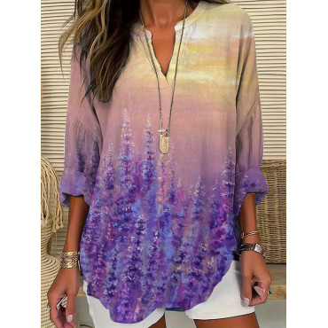 Women's Casual Watercolor Purple Floral Print Top
