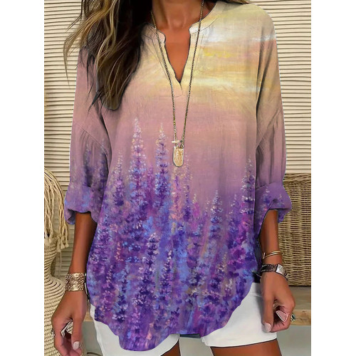 Women's Casual Watercolor Purple Floral Print Top