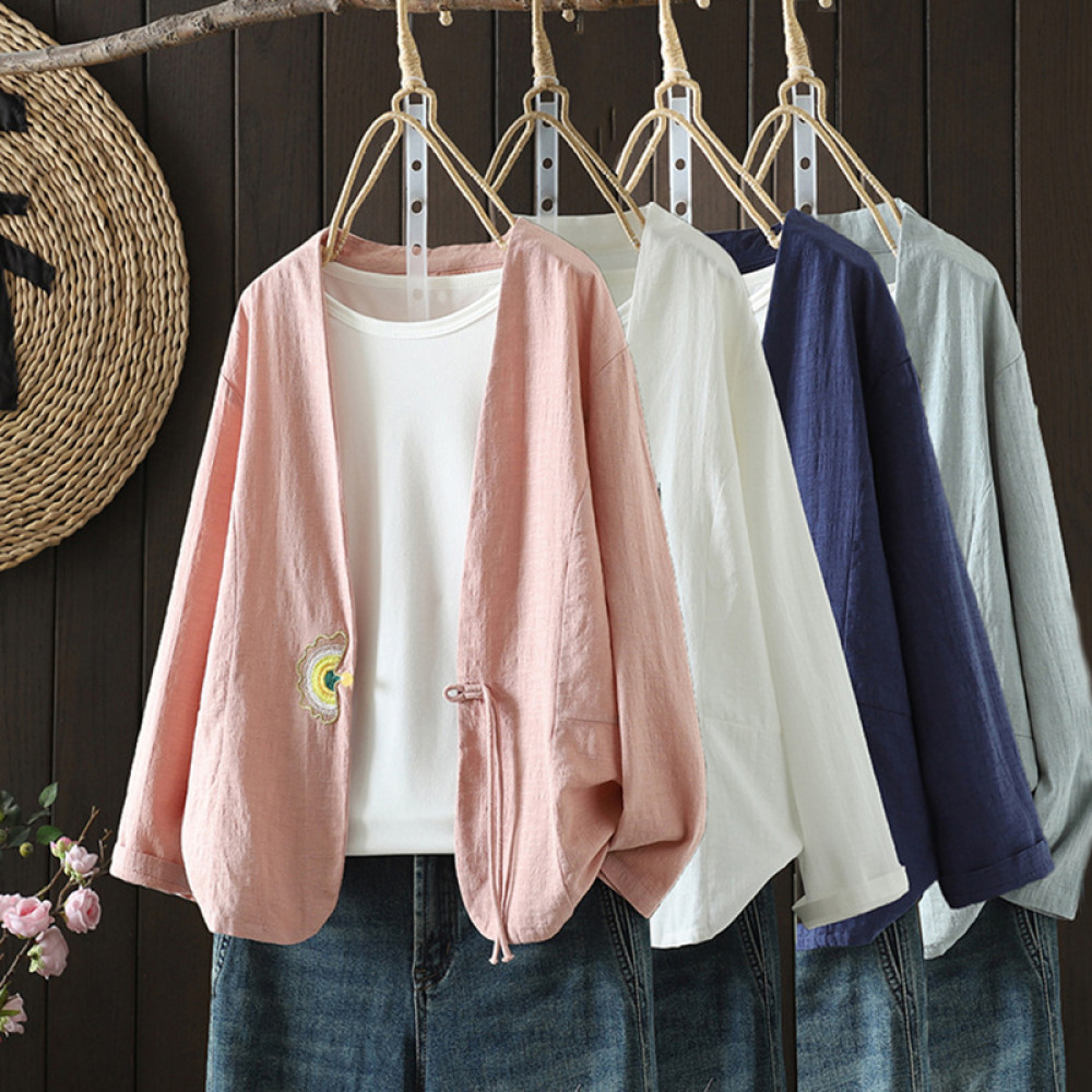 Women's Cotton And Linen Fan Embroidered Pearl Button Cardigan