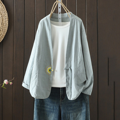 Women's Cotton And Linen Fan Embroidered Pearl Button Cardigan