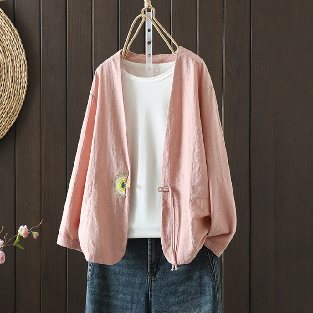 Women's Cotton And Linen Fan Embroidered Pearl Button Cardigan