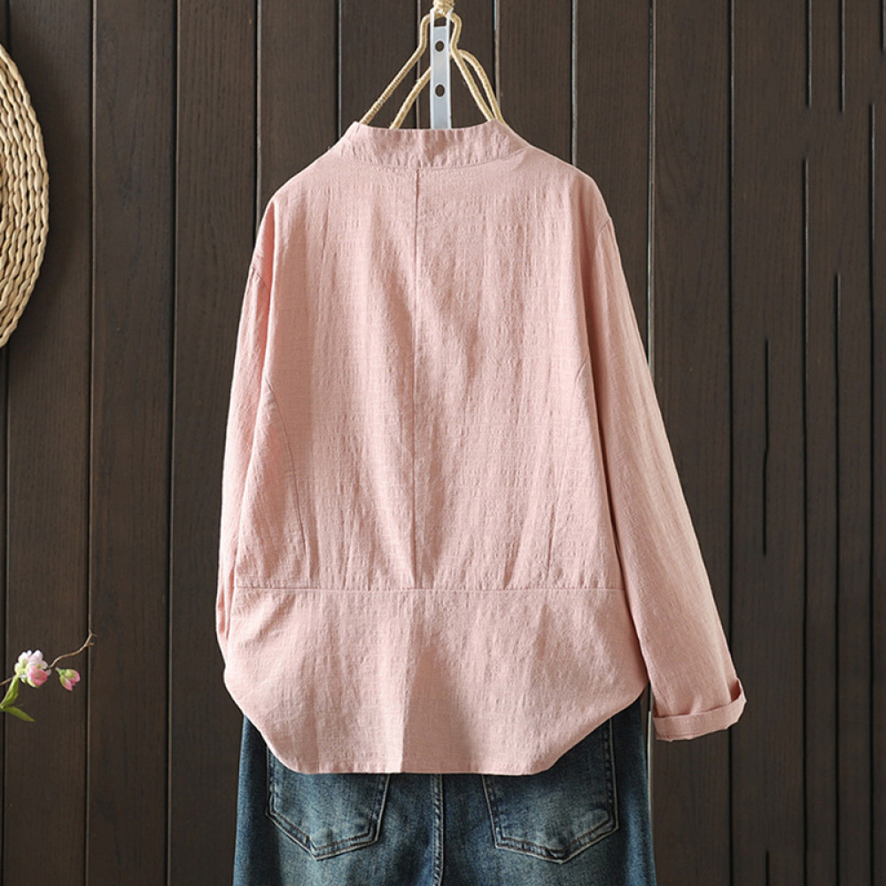 Women's Cotton And Linen Fan Embroidered Pearl Button Cardigan
