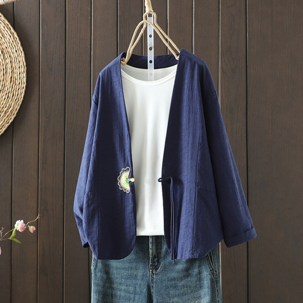 Women's Cotton And Linen Fan Embroidered Pearl Button Cardigan