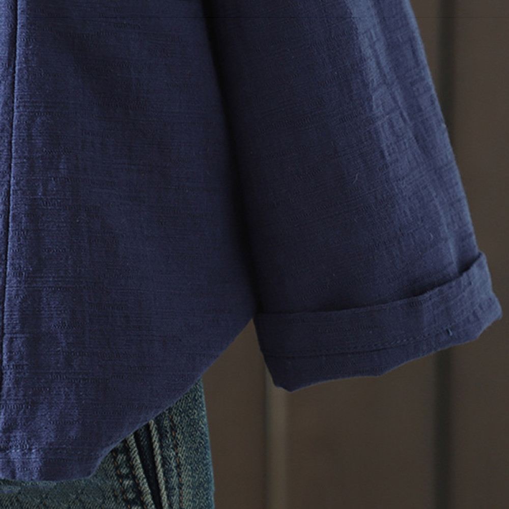 Women's Cotton And Linen Fan Embroidered Pearl Button Cardigan