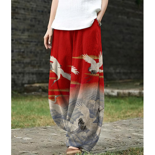 Women's Crane Art Ink And Wash Loose Casual Pants