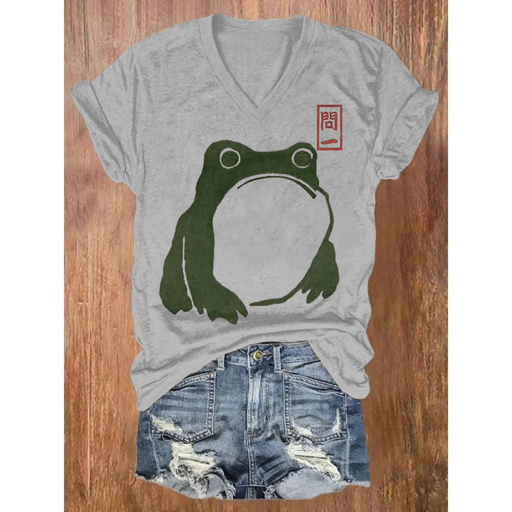 Women's Cute Frog Japanese Lino Art Painting Printed Casual T-Shirt