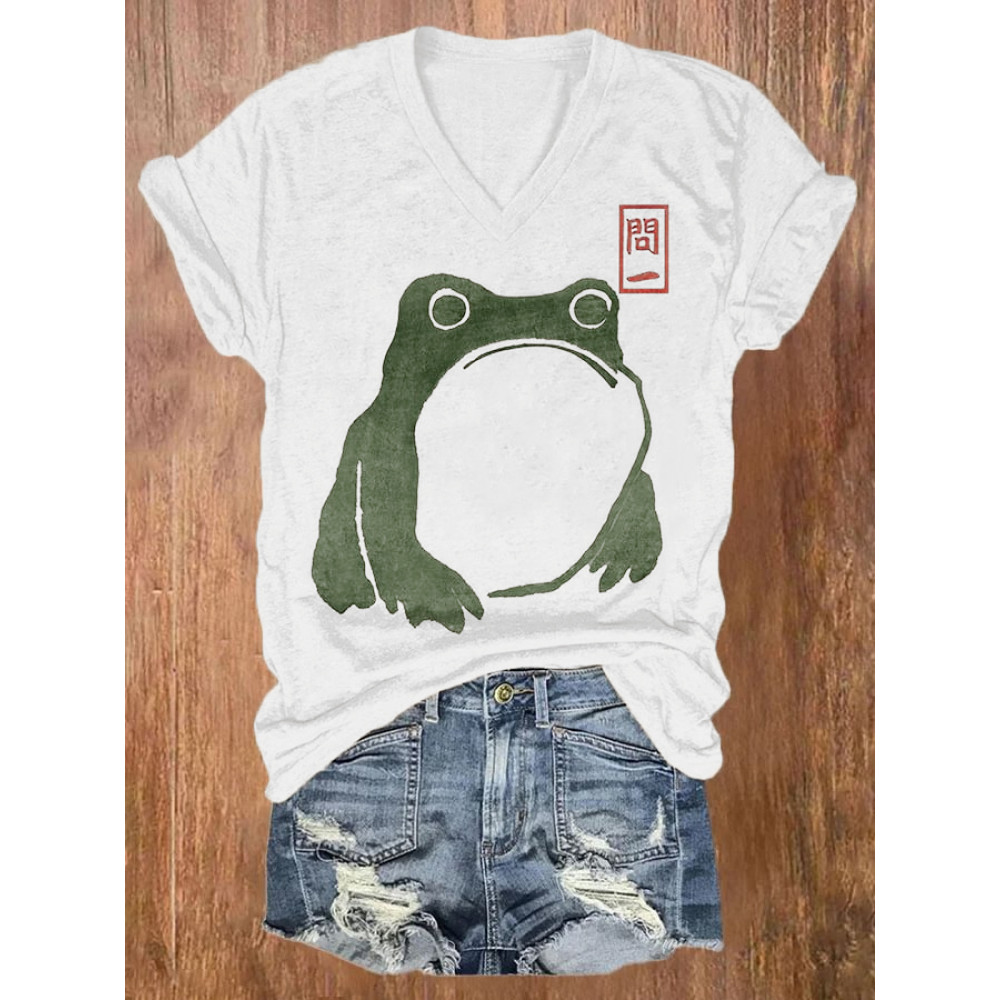 Women's Cute Frog Japanese Lino Art Painting Printed Casual T-Shirt