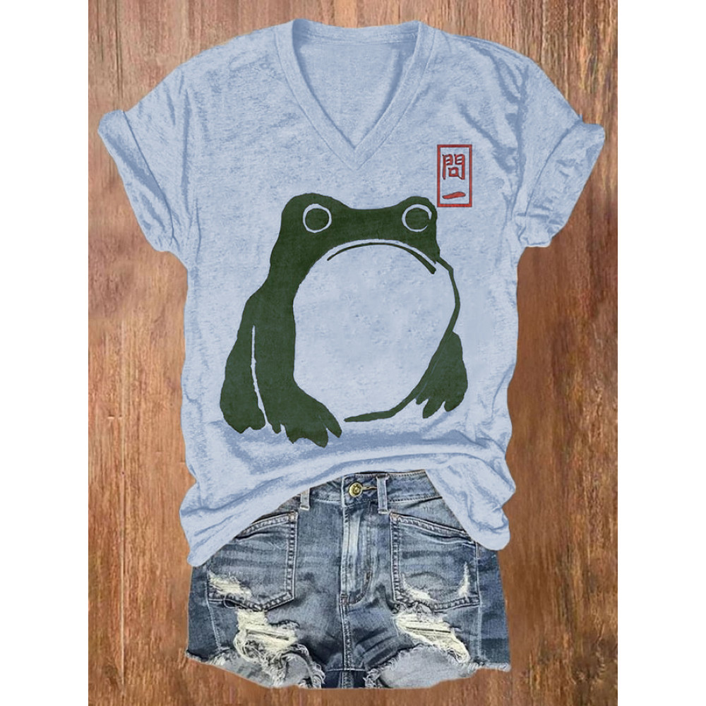 Women's Cute Frog Japanese Lino Art Painting Printed Casual T-Shirt