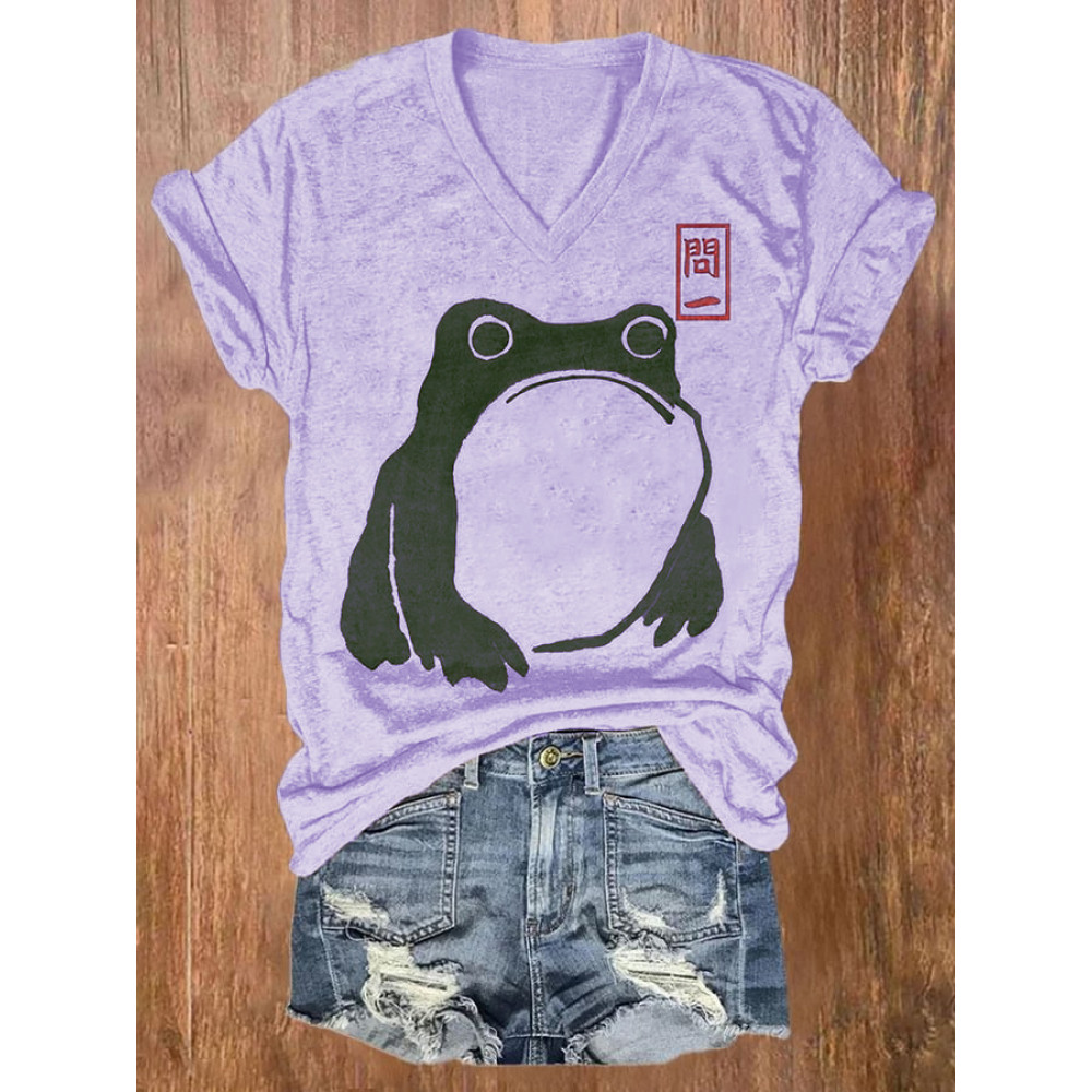 Women's Cute Frog Japanese Lino Art Painting Printed Casual T-Shirt