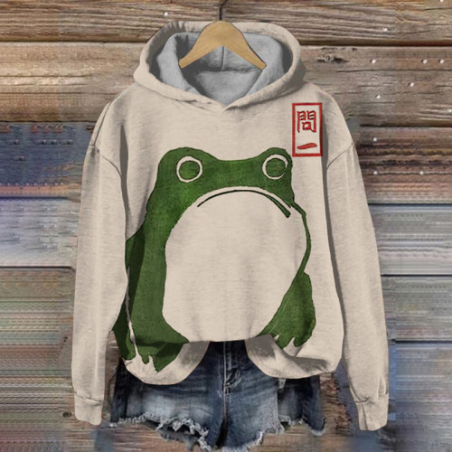 Women's Cute Frog Japanese Lino Art Painting Printed Hoodie