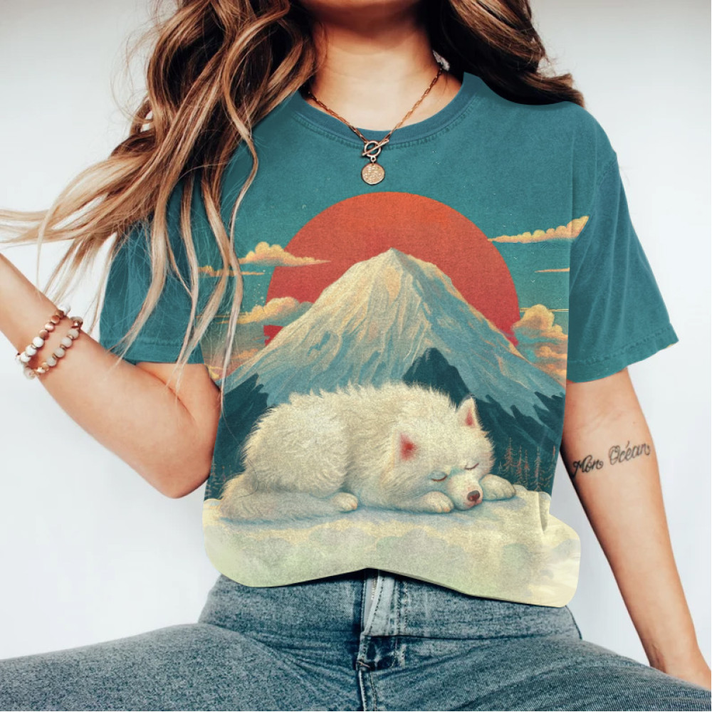 Women's Dog Mountain Sun Print Round Neck Short Sleeve T-Shirt