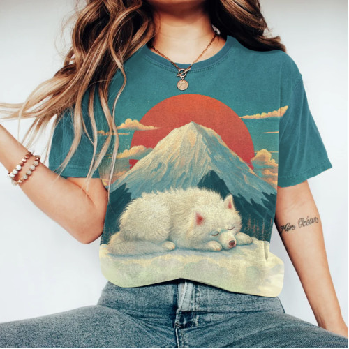 Women's Dog Mountain Sun Print Round Neck Short Sleeve T-Shirt
