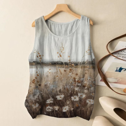 Women's Field Landscape Oil Painting Print Casual Tank Top