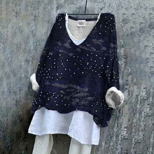 Women‘s Floral Art V Neck Linen Blend Shirt