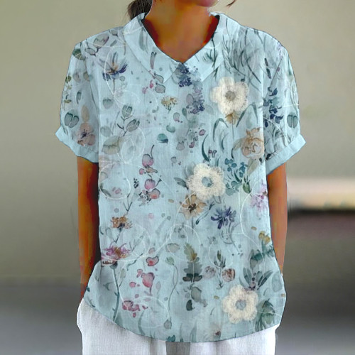 Women's Floral Embroidery Lapel Short Sleeve Casual Blouse