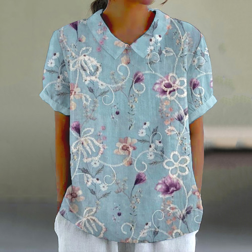 Women's Floral Embroidery Lapel Short Sleeve Casual Retro Blouse