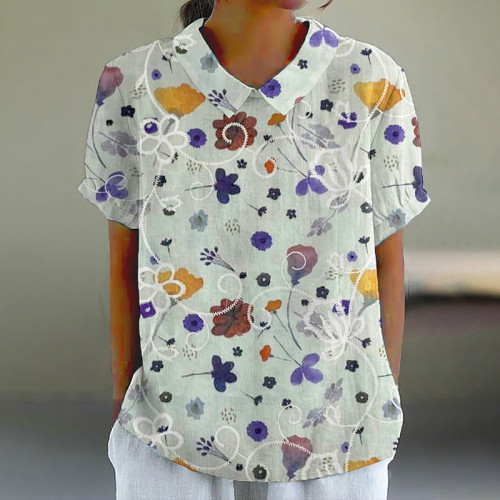 Women's Floral Embroidery Lapel Short Sleeve Casual Vintage Blouse