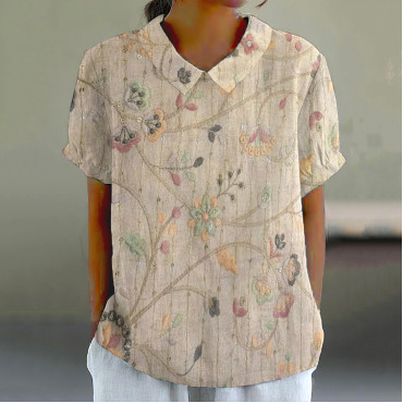 Women's Floral Embroidery Stripe Lapel Short Sleeve Casual Vintage Blouse