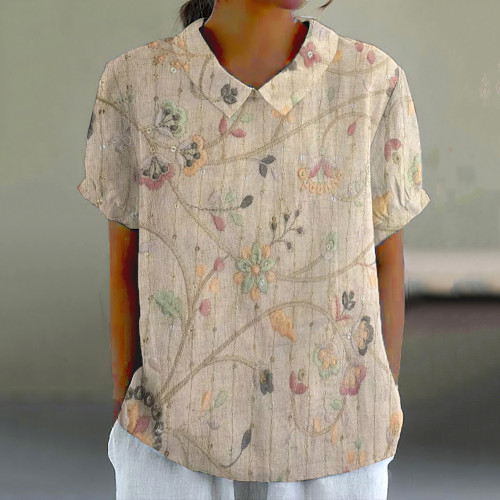 Women's Floral Embroidery Stripe Lapel Short Sleeve Casual Vintage Blouse