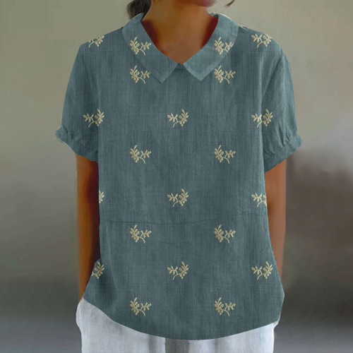 Women's Floral Embroidery Stripe Lapel Short Sleeve Casual Vintage Blouse