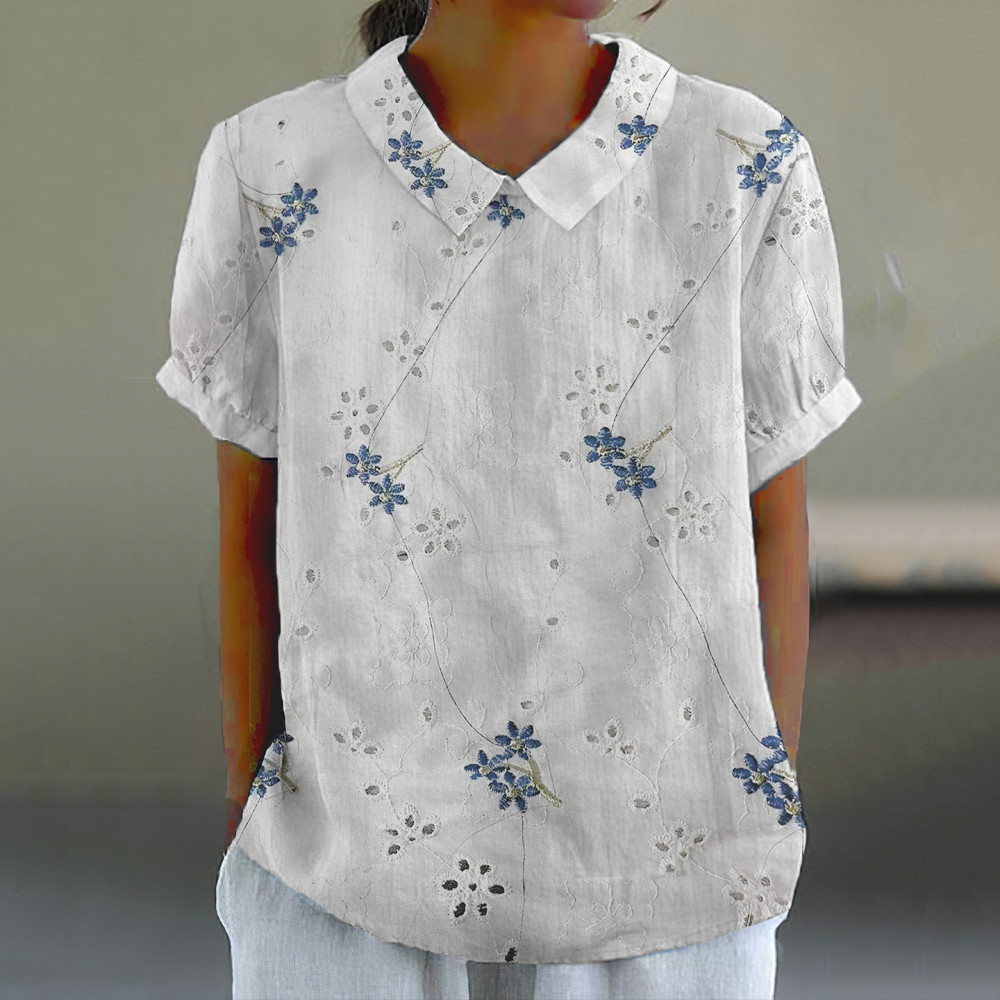 Women's Floral Lace Embroidery Lapel Short Sleeve Casual Blouse