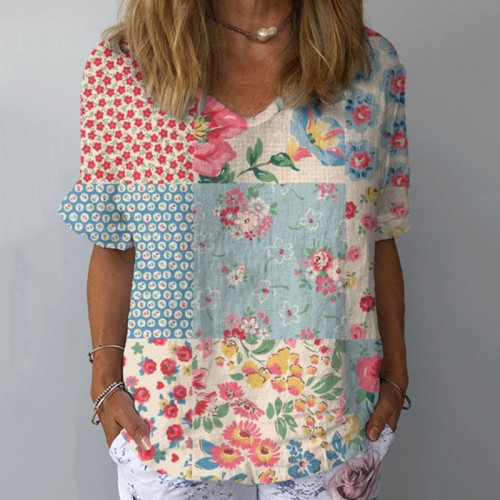 Women's Floral Loose Short Sleeve Linen Tops