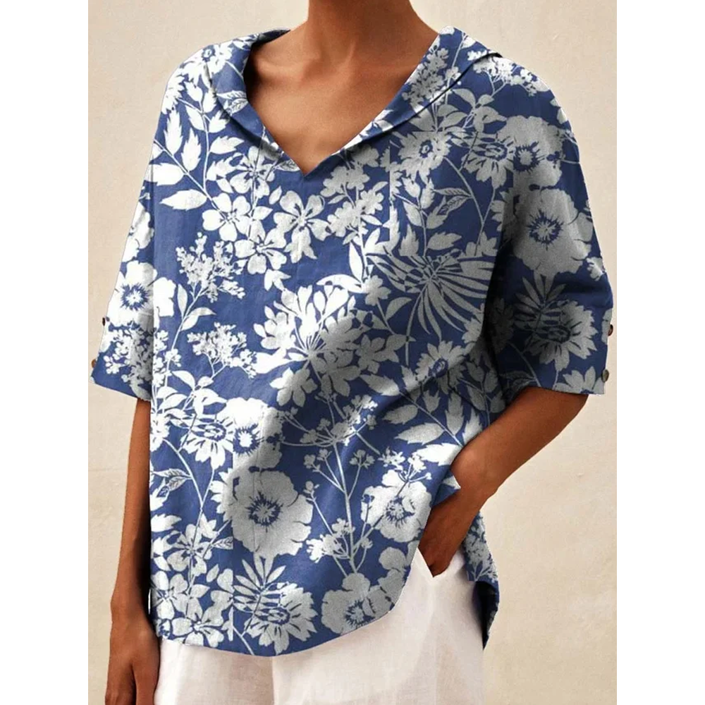 Women's Floral Print Casual Linen Shirt