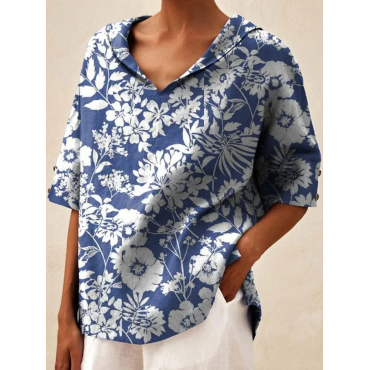 Women's Floral Print Casual Linen Shirt