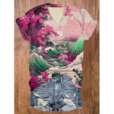 Women's Floral Sea Wave Japanese Art Print Casual T-Shirt
