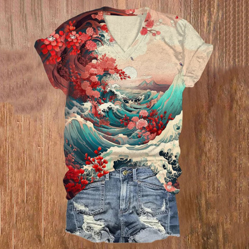 Women's Floral Sea Wave Japanese Art Print Casual T-Shirt