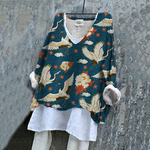 Women's Japanese Art Crane Casual Shirt