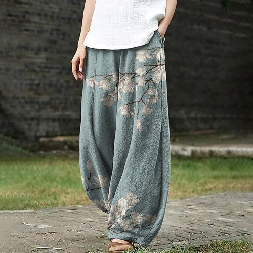 Women's Japanese Art Floral Pocket Loose Casual Pants