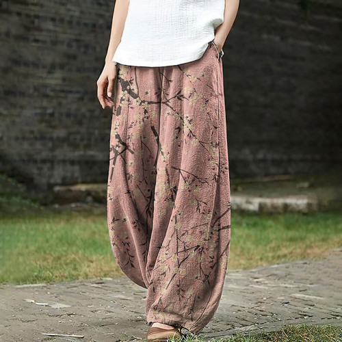 Women's Japanese Art Floral Pocket Loose Casual Pants