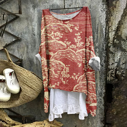 Women's Japanese Art Floral Round Neck Shirt