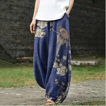 Women's Japanese Art Flowers And Birds Pocket Loose Casual Pants