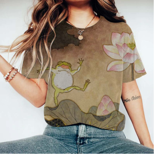 Women's Japanese Art Lotus Happy Frog Casual T-Shirt