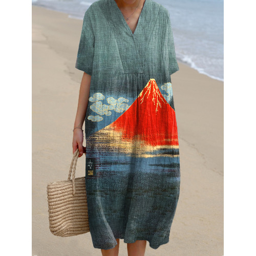 Women's Japanese Art Mount Fuji Print Linen Blend Dress