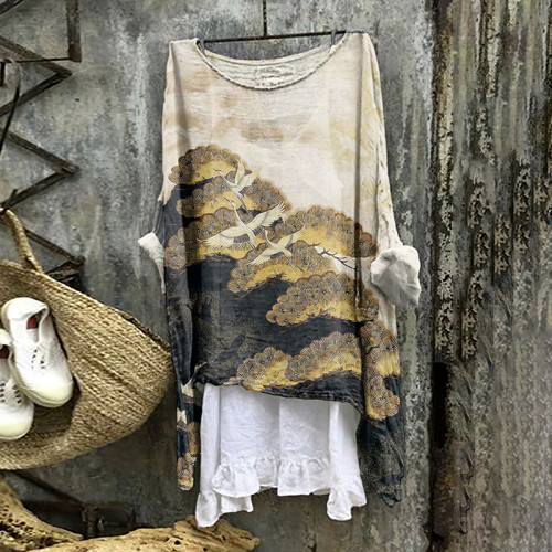 Women's Japanese Art Pine Round Neck Shirt